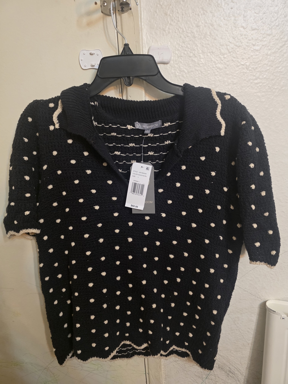Wit & Wisdom Black Knit Polo Sweater with Cream Polka Dots